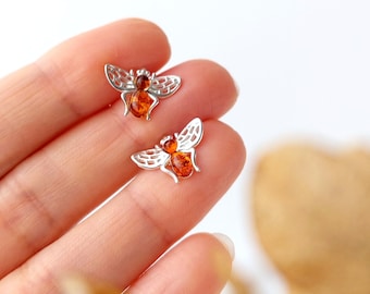 Bee Earrings in Amber, Sterling Silver Bee earrings, Bee Jewelry, Honey Bee Silver Stud earrings, Bee gifts, Amber Jewelry, Bumble Bee, Cute