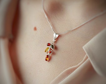 Amber Leaf Necklace, Silver Leaf Amber Jewelry, Silver Necklace Nature Lover gift, Plant lover gift, bohemain nature jewelry Gift for Her