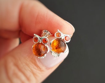 Owl Amber Stud Earrings with Silver, Natural Baltic Amber Jewelry, Sterling silver bird studs with Amber