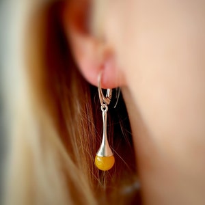 Yellow Amber Earrings with Sterling Silver, Natural Baltic Amber dangle Earrings, silver drop earrings with amber
