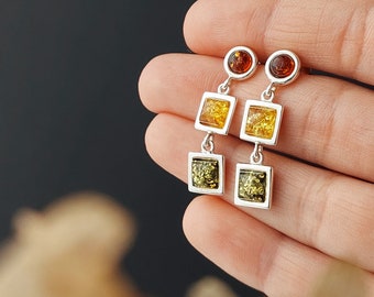 Statement Colorful Amber Earrings, silver geometric Stud Earrings, amber jewelry gift for mom, silver drop earrings, Vintage Style Jewelry