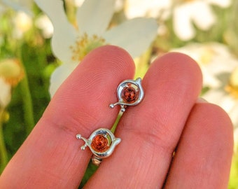 Tiny Little Snail Stud Amber Earrings in Sterling Silver, Cute Snail Stud, Nature Inspired Design