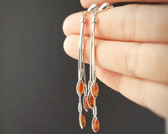 Natural Amber Drop Earrings, Sterling Silver Long Earrings, Boho Amber Jewelry, Sunstone Earrings, Birthday Gift for her, orange earrings