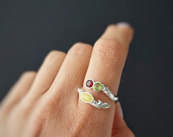 Elegant Ruby and Amber Gemstone Ring - 925 Sterling Silver - Peridot Crystal - Promise Ring for Her - Anniversary Gift - Amber Ring