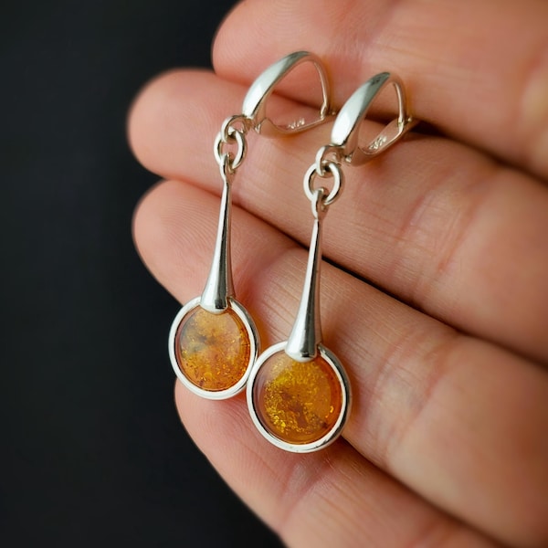 Cognac Baltic Amber Earrings: Sterling Silver Dangle, Handmade in Poland