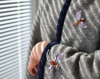 Sterling Silver Dragonfly Brooch: Baltic Amber Insect Pin