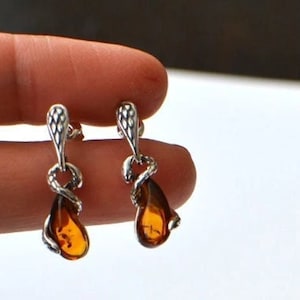 Sterling silver Snake earrings amber snake stud earrings, snake jewerly gift for her amber earrings dangle amber earrings snake earrings