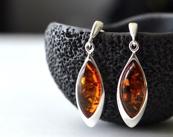 Amber Drop Earrings, Cognac sterling silver amber Stud Earrings, Natural stone Gift Dangle nature gemstone Earrings, teardrop amber earrings