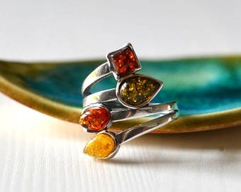 Baltic Amber Sterling Silver Ring: Multicolor Gemstone Jewelry