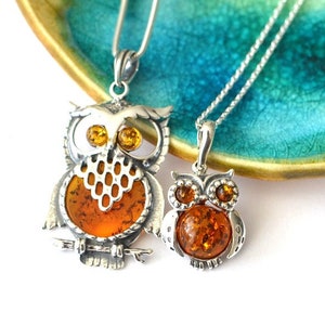 Owl Amber Pendant Necklace, Natural Baltic Amber Jewelry, Sterling silver chain pendant Romantic Jewelry Gift for Her graduation gift image 1