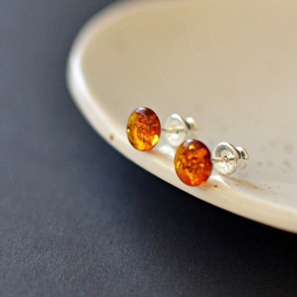Amber Stud Earrings, Small amber Post Earrings, natural amber stud silver Earrings gift for her, minimalist jewelry tiny stud earrings gift
