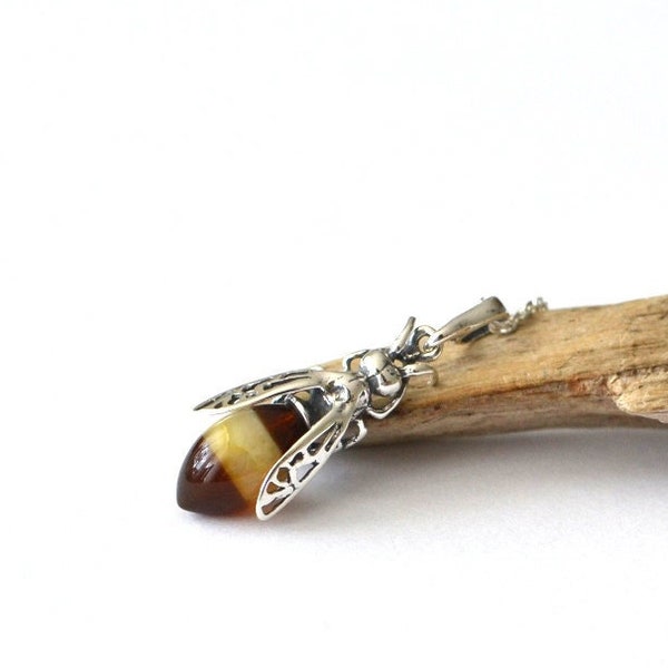 Baltic Amber Bee Necklace: Sterling Silver Honey Bee Pendant