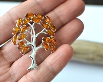 Tree of Life amber jewelry sterling silver brooch, tree jewelry brooch with amber scarf pin gift sterling silver pin brooch pin gift for her
