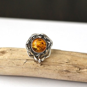 Open Baltic Amber Ring with Silver, gemstone silver stacking Ring with Amber, adjustable 925 silver ring