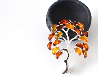 Sterling silver Tree of life amber brooch, family tree sterling silver pin, tree of life jewelry celtic brooch gift gemstone flower brooch