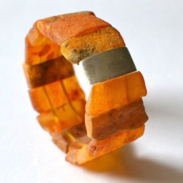 Amber Sterling Silver Bracelet / Stretch Modern Urban Amber / Honey Tones Woodland Earthy Organic