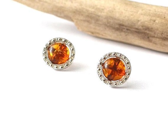 Orecchini a bottone in argento sterling e ambra / Orecchini ovali in