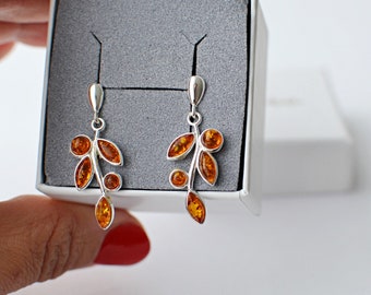 Silver Leaf Amber Earrings, Leaf dangle Earrings, gemstone leaf earrings stud