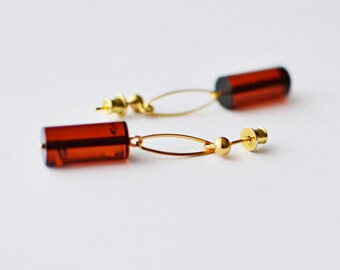 Cognac Baltic Amber Dangle Earrings: Gold Plated Silver