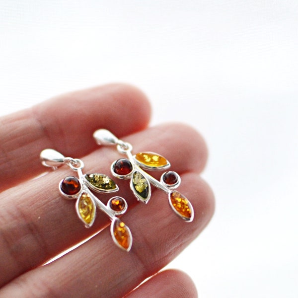 Colorful natural Amber Earrings, Baltic Amber Leaf dangle Earrings, silver and amber stud earrings, amber jewelry gift for her