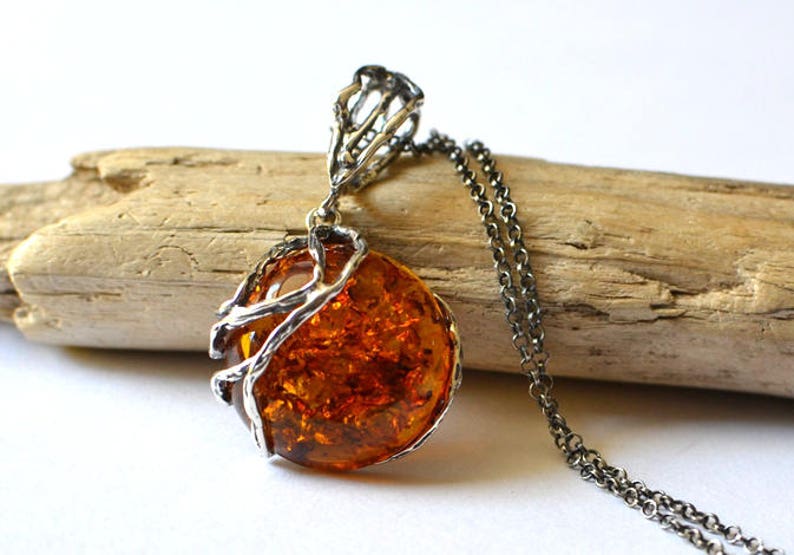 Cognac Amber Pendant, Amber Necklace, Amber Jewelry, Natural Gift Jewelry, Modern Amber Gift, summer necklace