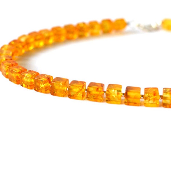 Natural Honey Amber Necklace Cube Simple Everyday Necklace Silver Sterling Summer Colors Mustard Yellow Golden Honey Orange