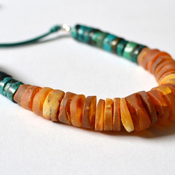 Natural Turquoise Honey Amber Necklace Ocean Inspired Bohemian Native Gemstones Woodland Forest Summer Time
