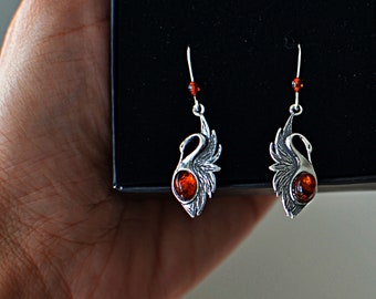 Swan Earrings 925 Silver with Baltic Amber, Swan bird dangle Earrings, amber swan jewelry gift for her, swan art gift