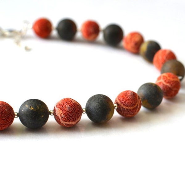 Coral and Amber Natural Geometric Necklace / Gemstone Necklace Nature Inspired/ Summer Fashion Red and Black / Amber and Coral