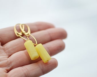 Yellow Amber Drop Earrings with Gold Plated Silver, Natural Amber Dangle Long earrings gift for mom, gold earrings