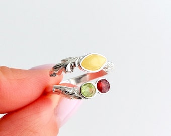 Natural Ruby Ring, Gemstone Ring with Amber, 925 Sterling Silver Ring, peridot crystal ring, promise ring Anniversary Birthday Gift for her