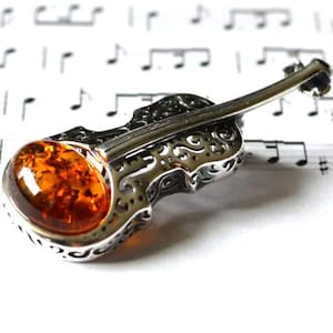 Violin sterling silver brooch with amber, violin gifts amber brooch music teacher gift, baltic amber brooch pin violin jewelry musician gift