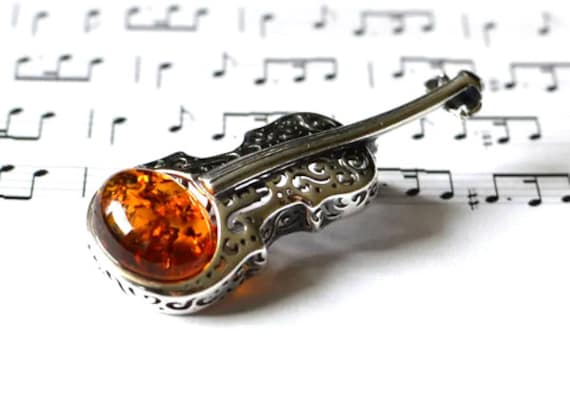 Violin sterling silver brooch with amber, violin gifts amber brooch music teacher gift, baltic amber brooch pin violin jewelry musician gift