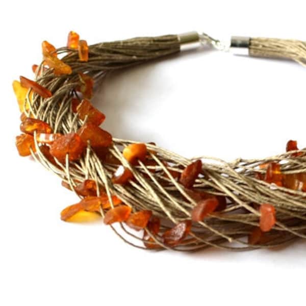 Multi layer boho hemp necklace with amber, Gemstone bohemian necklace, gem chunky fossil necklace for woman, summer cord wedding necklace