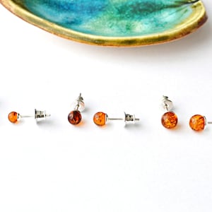 Handmade Baltic Amber Stud Earrings: Sterling Silver Minimalist Stone
