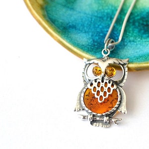 Owl Amber Pendant Necklace, Natural Baltic Amber Jewelry, Sterling silver chain pendant Romantic Jewelry Gift for Her graduation gift image 7