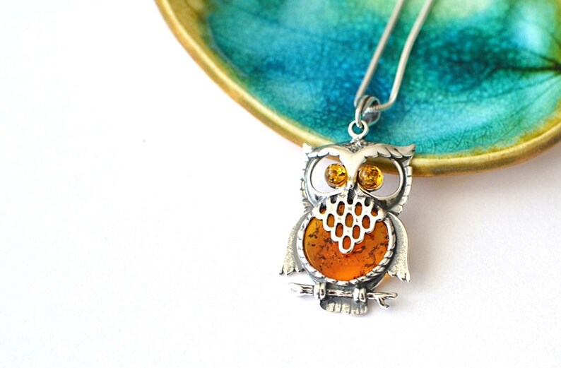 Owl Amber Pendant Necklace, Natural Baltic Amber Jewelry, Sterling silver chain pendant Romantic Jewelry Gift for Her graduation gift image 7