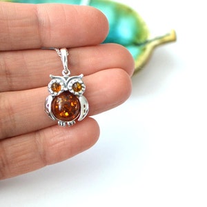 Owl Amber Pendant Necklace, Natural Baltic Amber Jewelry, Sterling silver chain pendant Romantic Jewelry Gift for Her graduation gift image 10