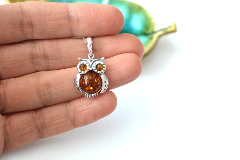 Owl Amber Pendant Necklace, Natural Baltic Amber Jewelry, Sterling silver chain pendant Romantic Jewelry Gift for Her graduation gift image 10