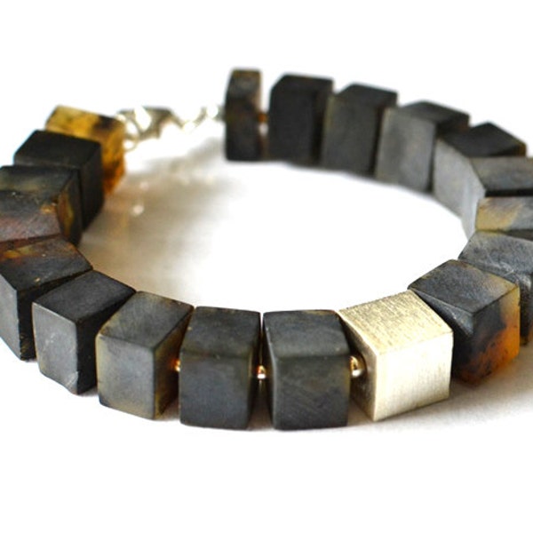 Black Amber Bracelet Cube Sterling Silver and Amber Dreamy Elegant Bracelet Midnight Storm