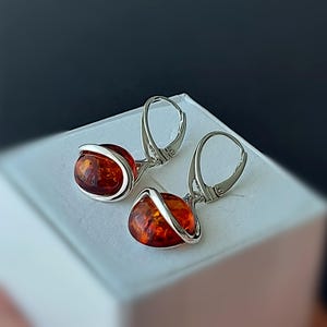Amber Earrings Sterling Silver – Drop Dangle Earrings with Natural Baltic Amber – Gift for Her – Elegant Handmade Jewelry