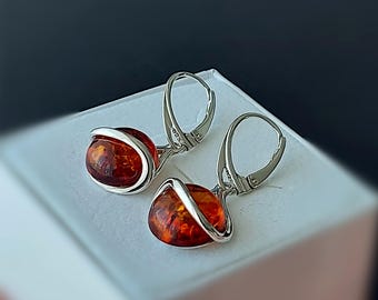 Sterling Silver Dangle Amber Earrings: Baltic Stone Jewelry