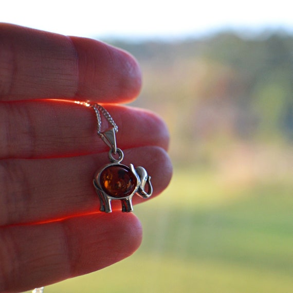 Ciondolo Elefante In Argento Sterling Con Occhi D'Ambra E Catena 18'' - Design Grande