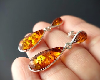 Long Amber Drop Earrings Silver 925 – Natural Baltic Amber Teardrop Dangle Earrings, Elegant Handmade Jewelry Gift for Her