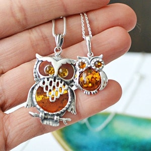 Owl Amber Pendant Necklace, Natural Baltic Amber Jewelry, Sterling silver chain pendant Romantic Jewelry Gift for Her graduation gift image 2