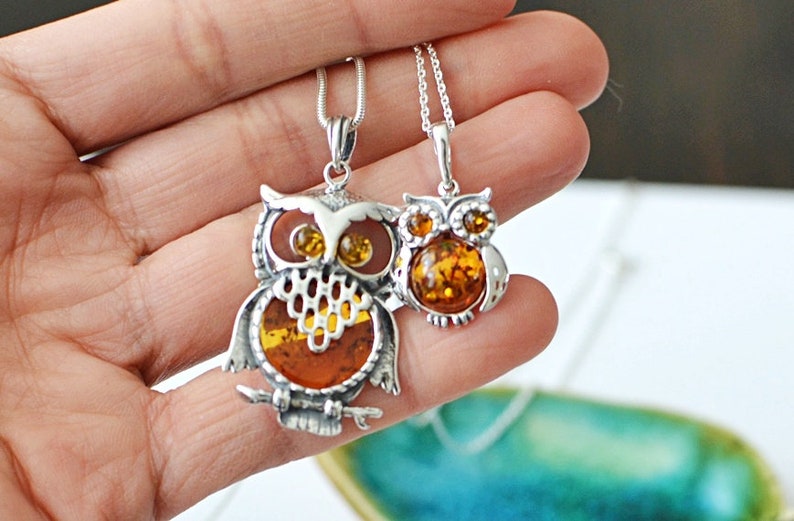 Owl Amber Pendant Necklace, Natural Baltic Amber Jewelry, Sterling silver chain pendant Romantic Jewelry Gift for Her graduation gift image 2