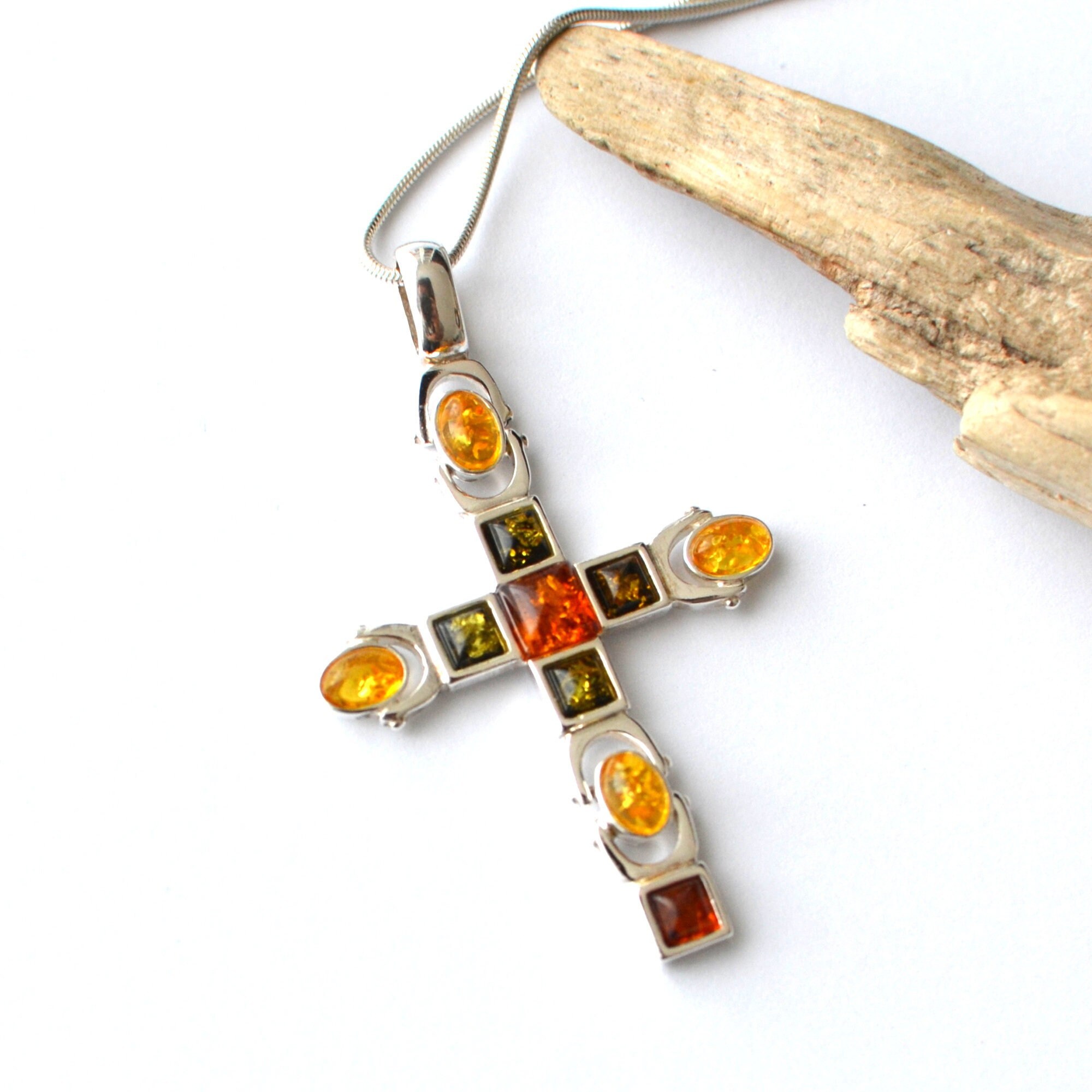 Amber Cross Necklace Catholic Jewelry 