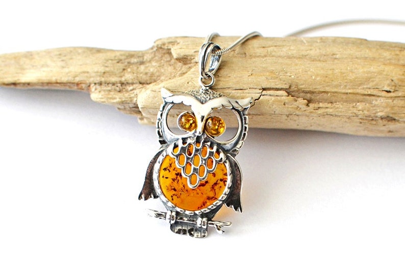 Owl Amber Pendant Necklace, Natural Baltic Amber Jewelry, Sterling silver chain pendant Romantic Jewelry Gift for Her graduation gift image 6