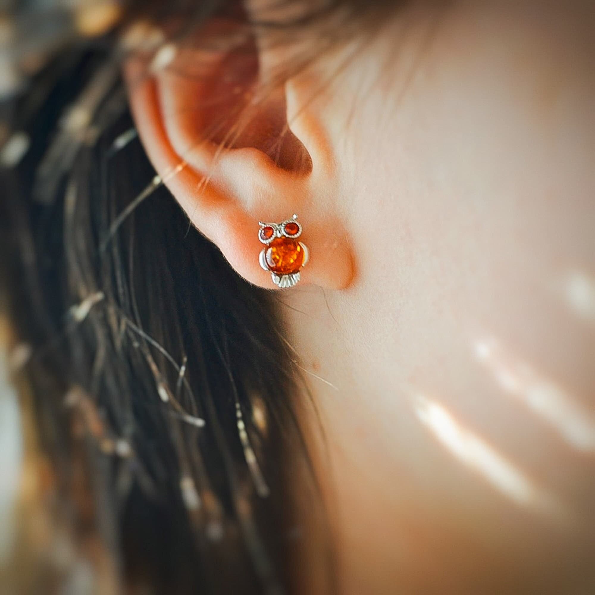 Amber Owl Earrings: Sterling Silver Bird Studs, Baltic Amber Jewelry