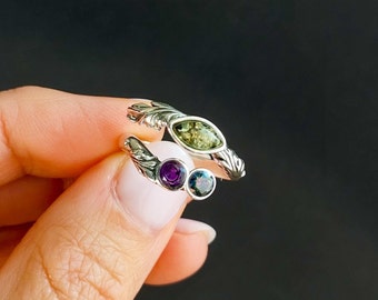 Green Amber Sterling Silver Ring, adjustable Amethyst ring anniversary gift, birthstone blue crystal topaz ring, unique nature inspired ring